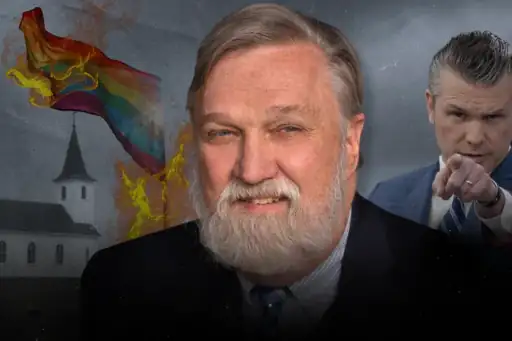 Image du Pasteur avec Hegset et un drapeaa ar-en-ciel en flammes